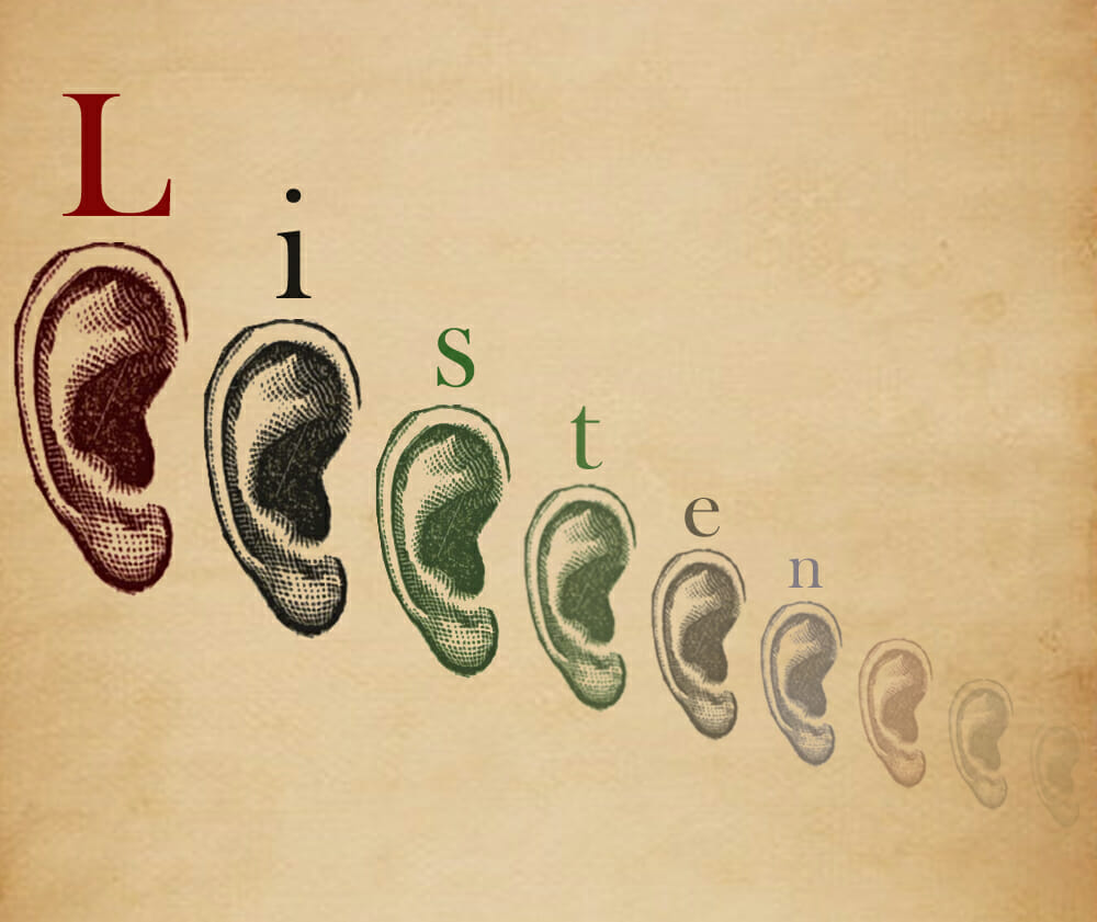 A picture of many ears showing how important listening is